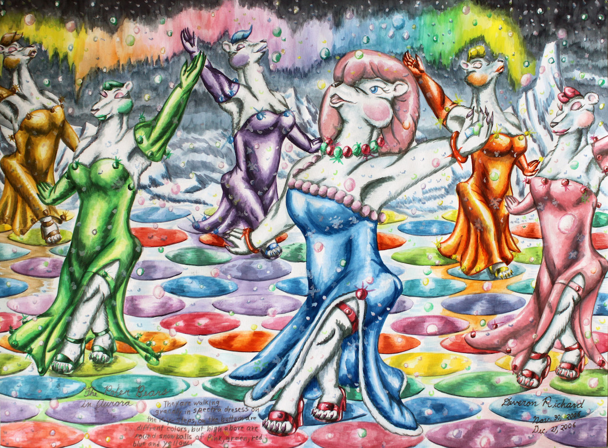 The Polar Bears in Aurora Medium watercolor on paper Size 22in X 16.25in